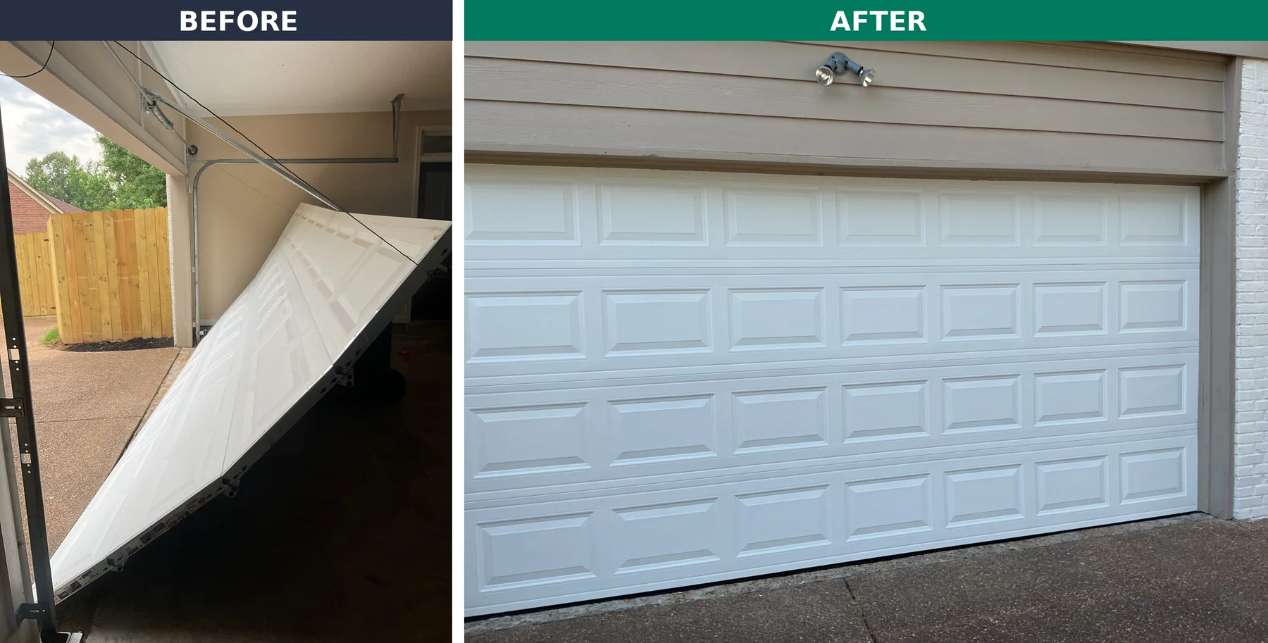 Before and after Lift Doctors replaced a damaged garage door with a new white raised-panel door