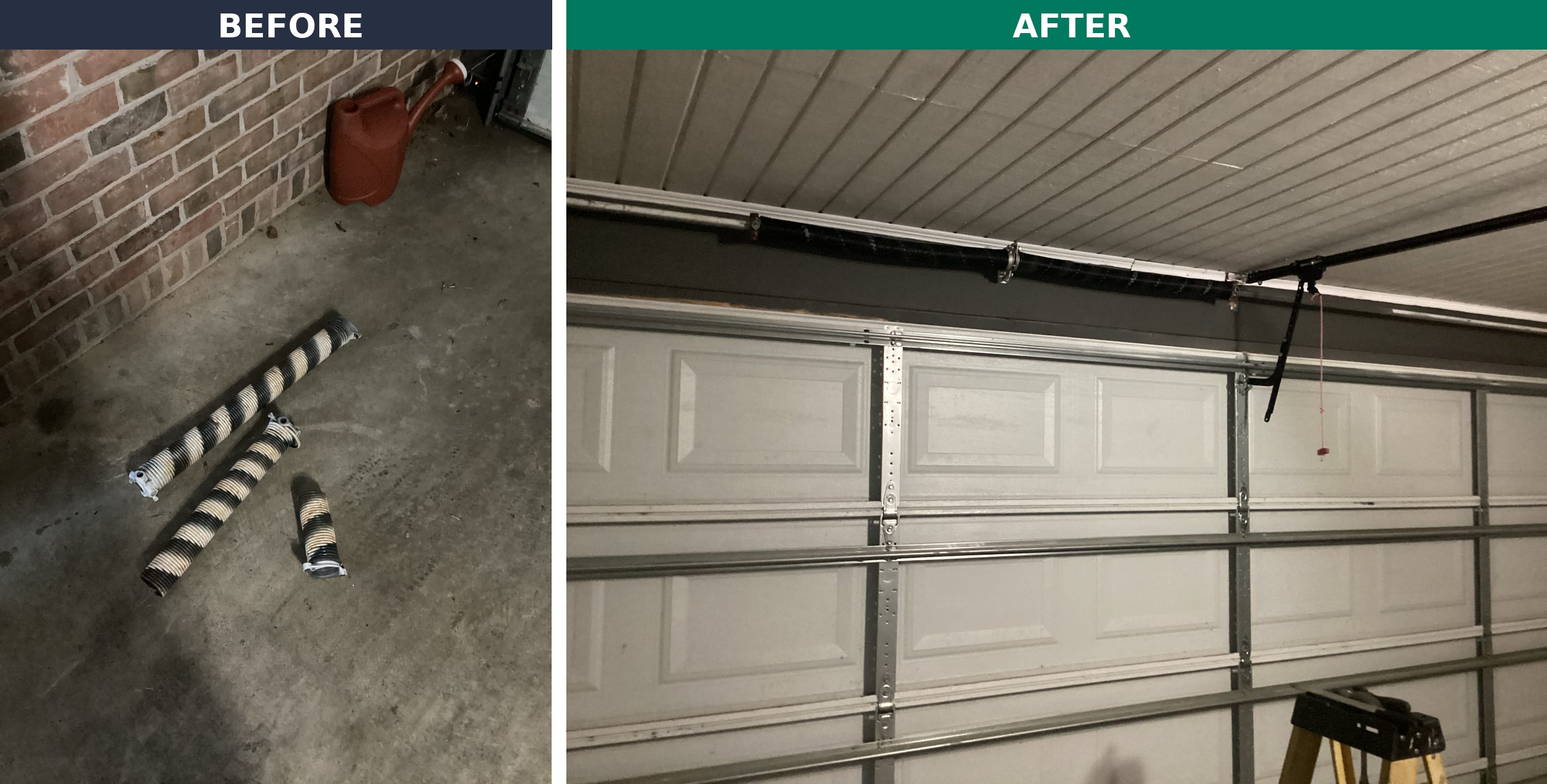 Side-by-side view of worn broken torsion springs on the garage floor and the new spring installed above the door