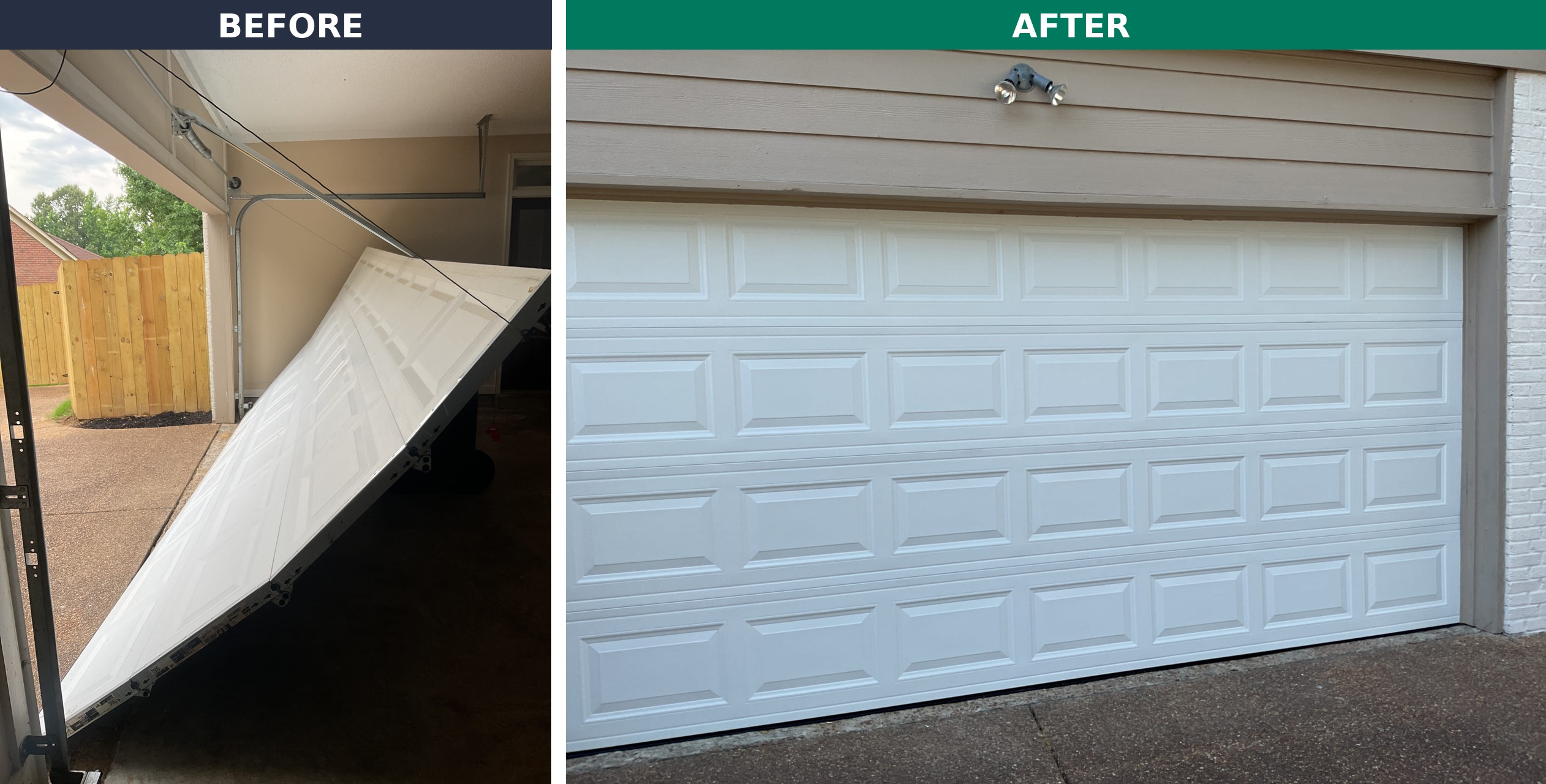 Side-by-side view of a white garage door off its track before service and properly installed afterward