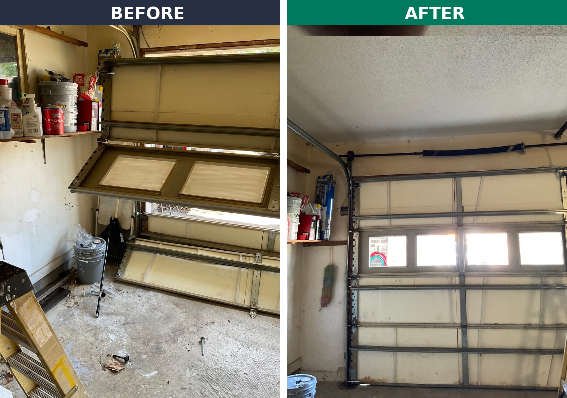 Side-by-side view of a broken windowed garage door panel hanging damaged and the repaired door closing evenly