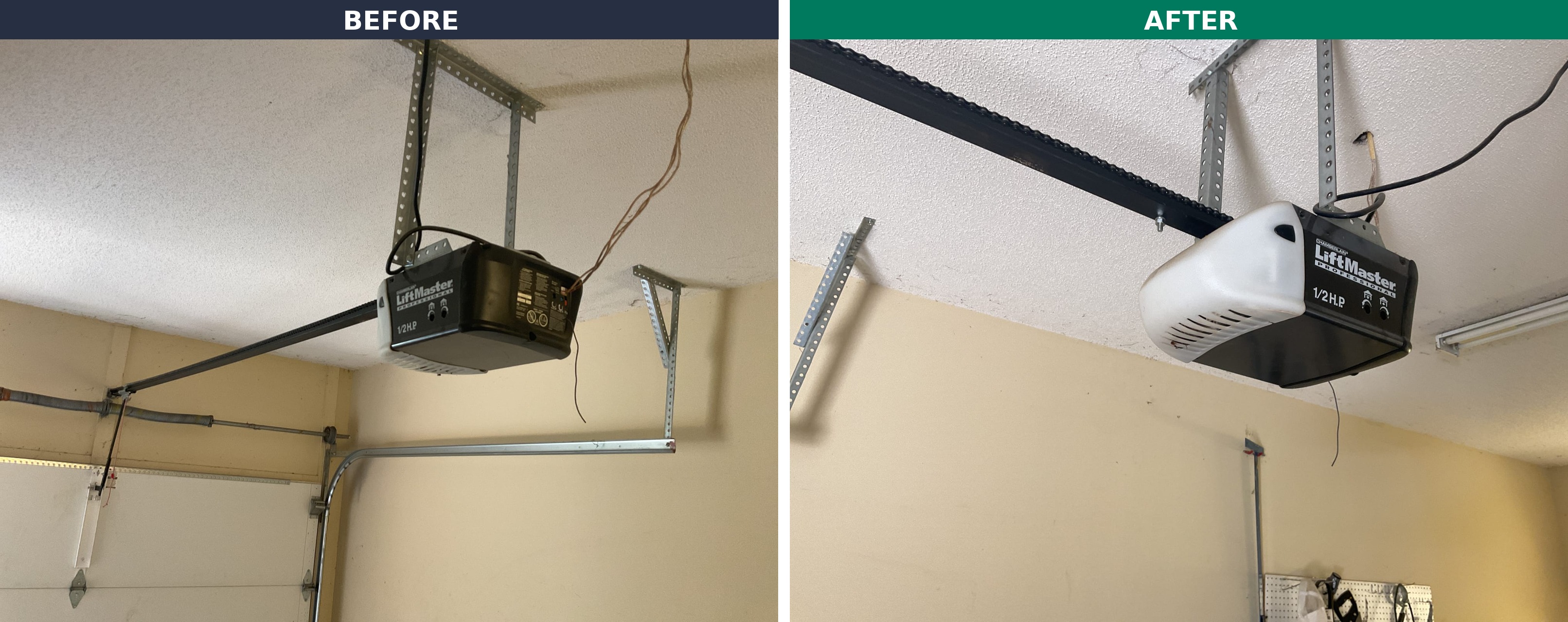 Side-by-side view of an aging garage door opener with frayed wiring and the new opener and rail installed overhead